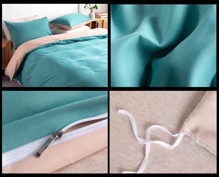 détails de la parure de lit chic bleu canard et intérieur beige