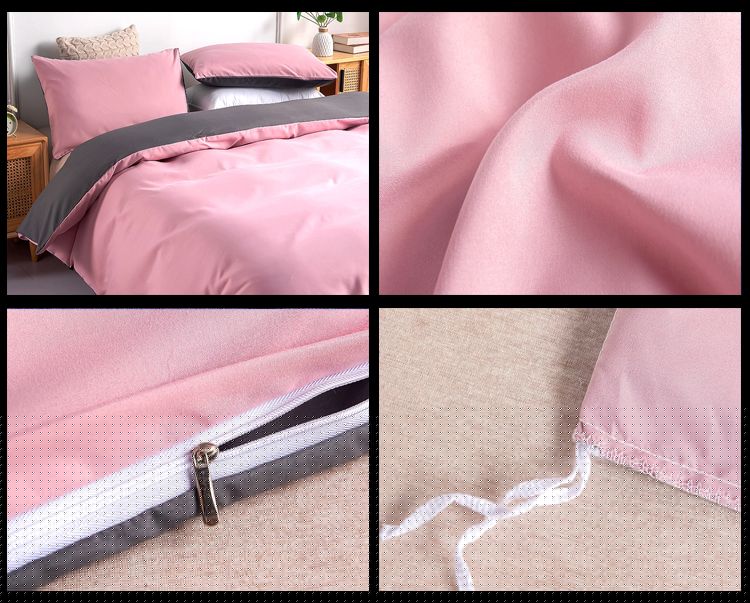 détails de la parure de lit rose et gris réversible