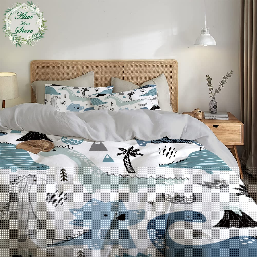 Parure de lit dinosaure type dessin d'enfant vue plus proche