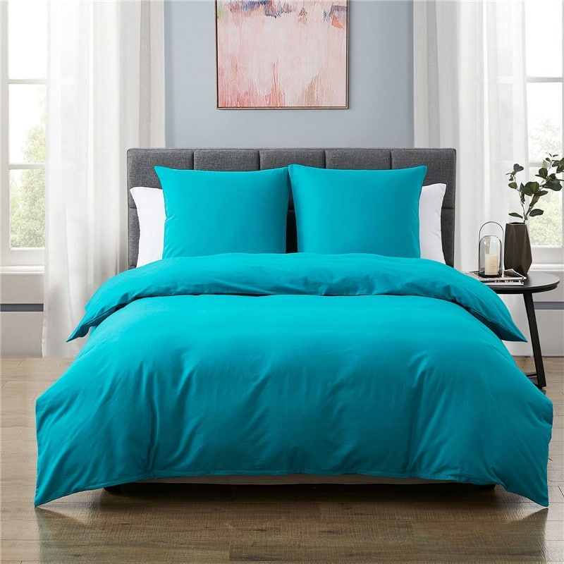 Parure de lit moderne bleu canard en lin et coton