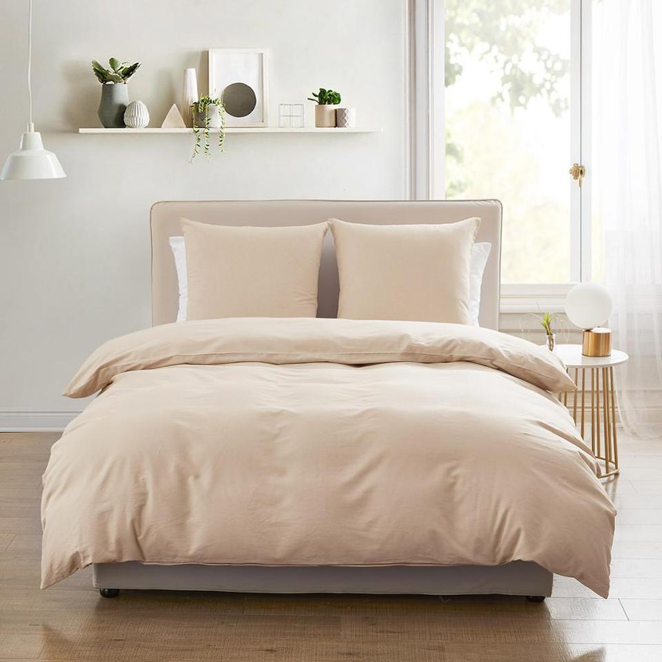 Parure de lit beige style moderne en lin et coton