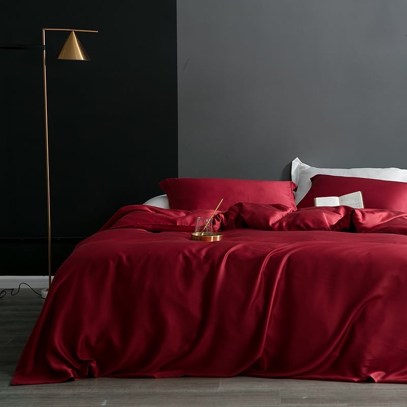 Parure de lit 100% soie rouge bordeaux style chic moderne