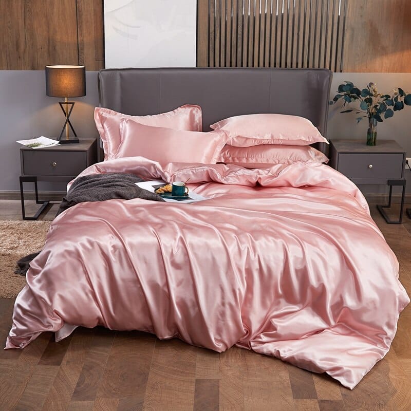 Housse de couette satin rose poudré
