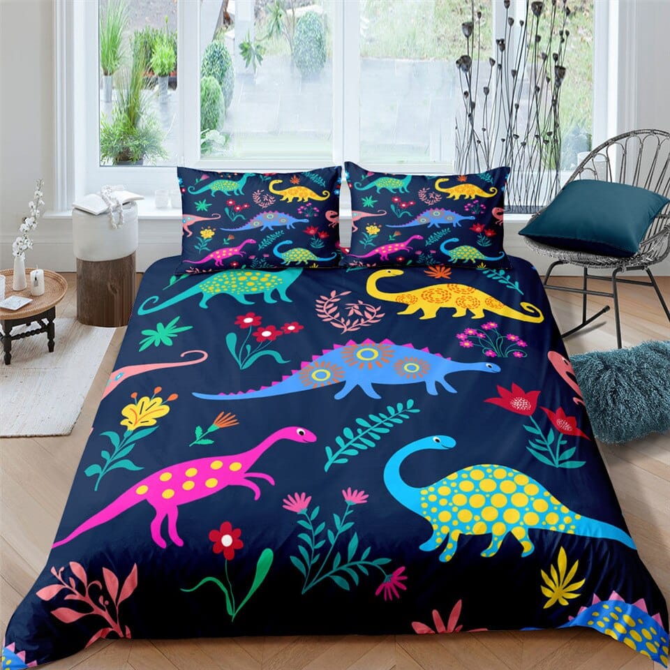 Parure de lit bleu nuit avec dinosaure coloré