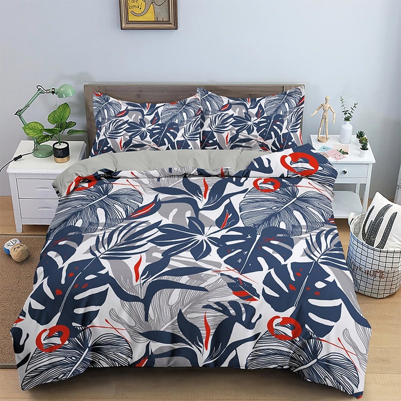 Parure de lit feuillage tropical bleu et gris