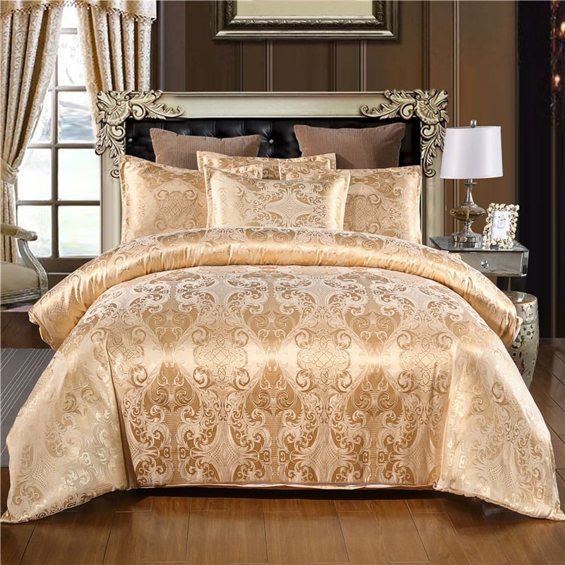 Parure de lit doré style jacquard de luxe en satin