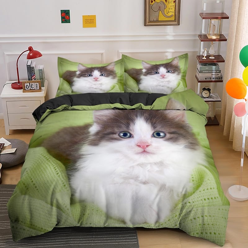 Parure de lit chat couché dans laine verte
