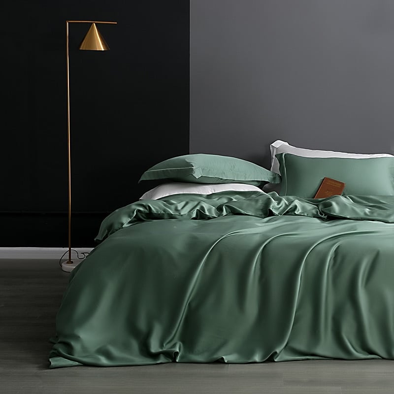 Parure de lit 100% soie vert olive style chic moderne