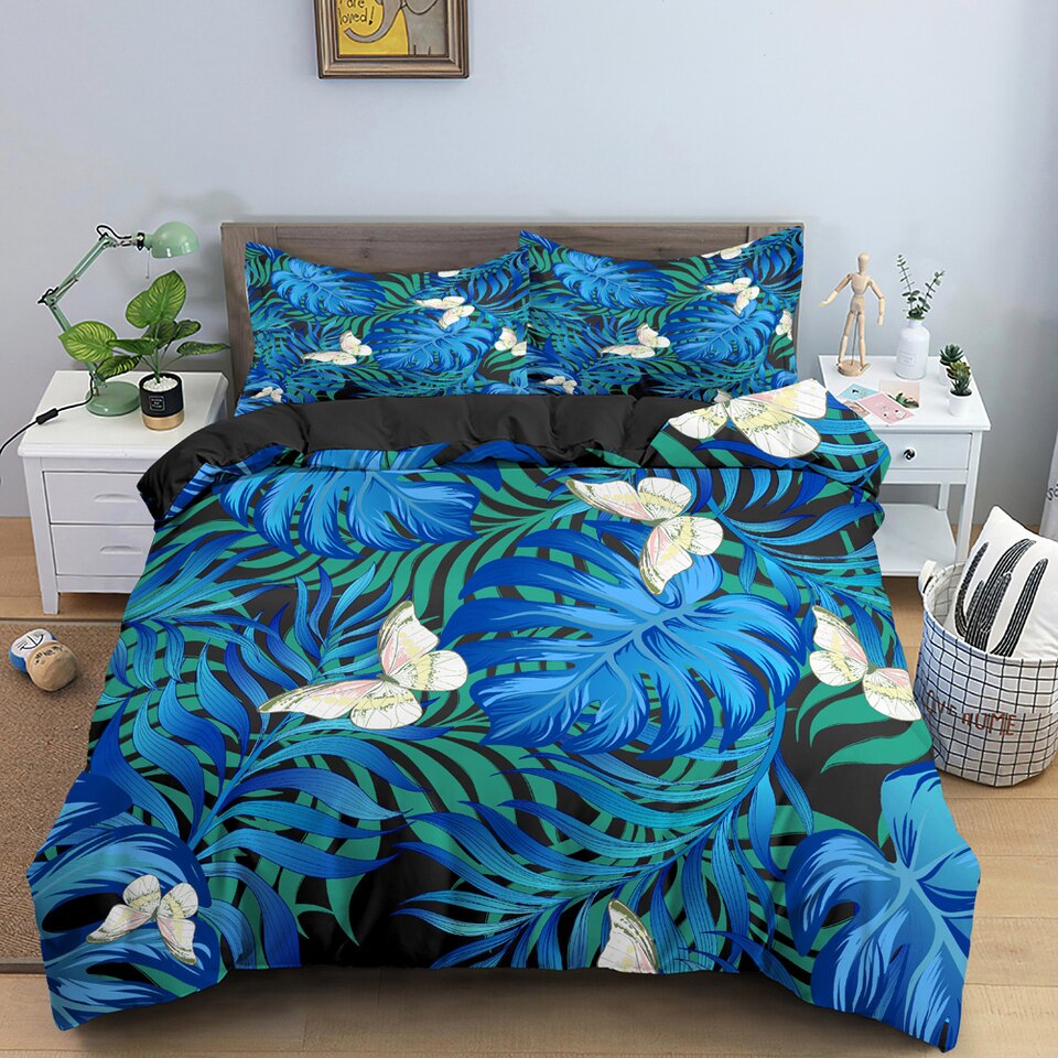 Parure de lit feuilles de jungle bleu et vert