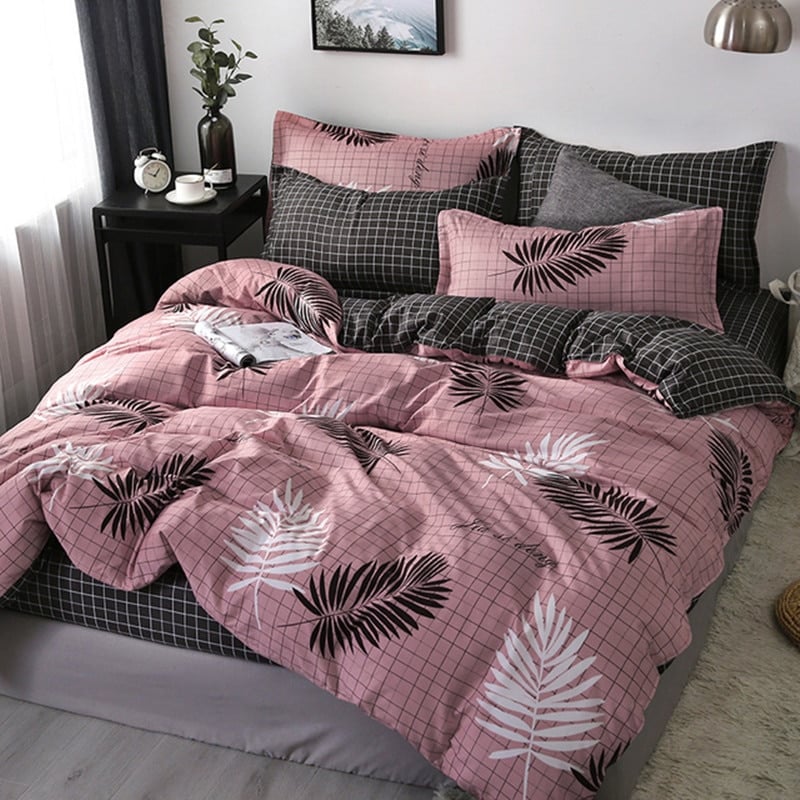 Parure de lit tropical quadrillé rose et noir avec feuilles de palmier