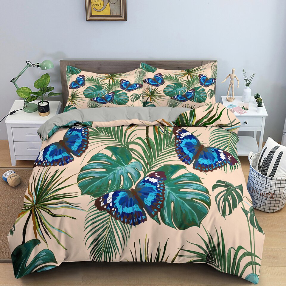 Parure de lit jungle avec papillons morpho bleu