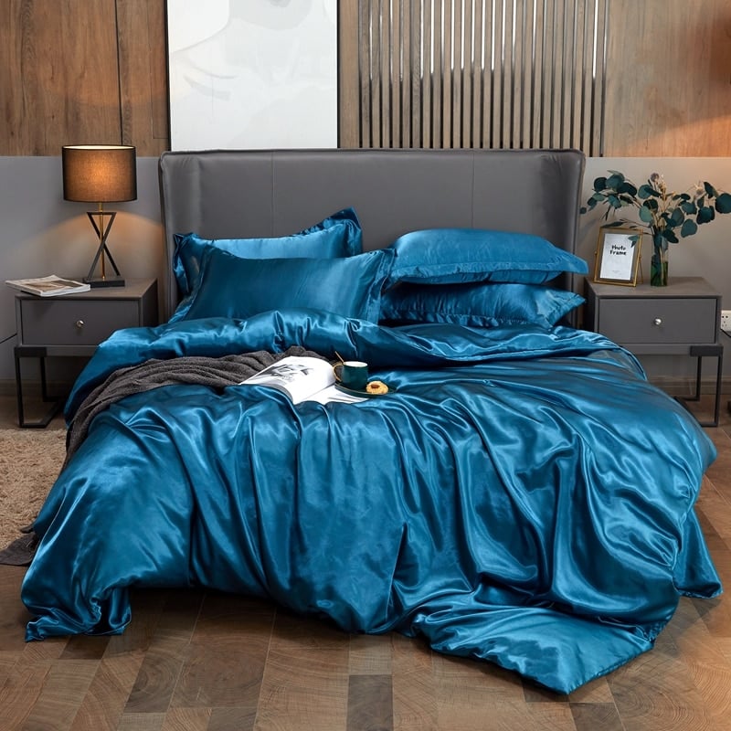 Housse de couette satin bleu