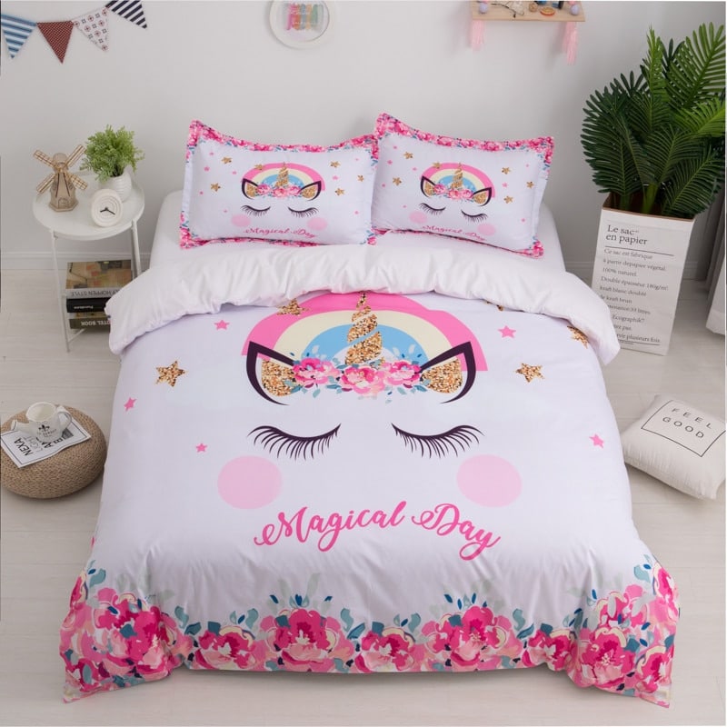 parure de lit licorne fleurie rose et blanc