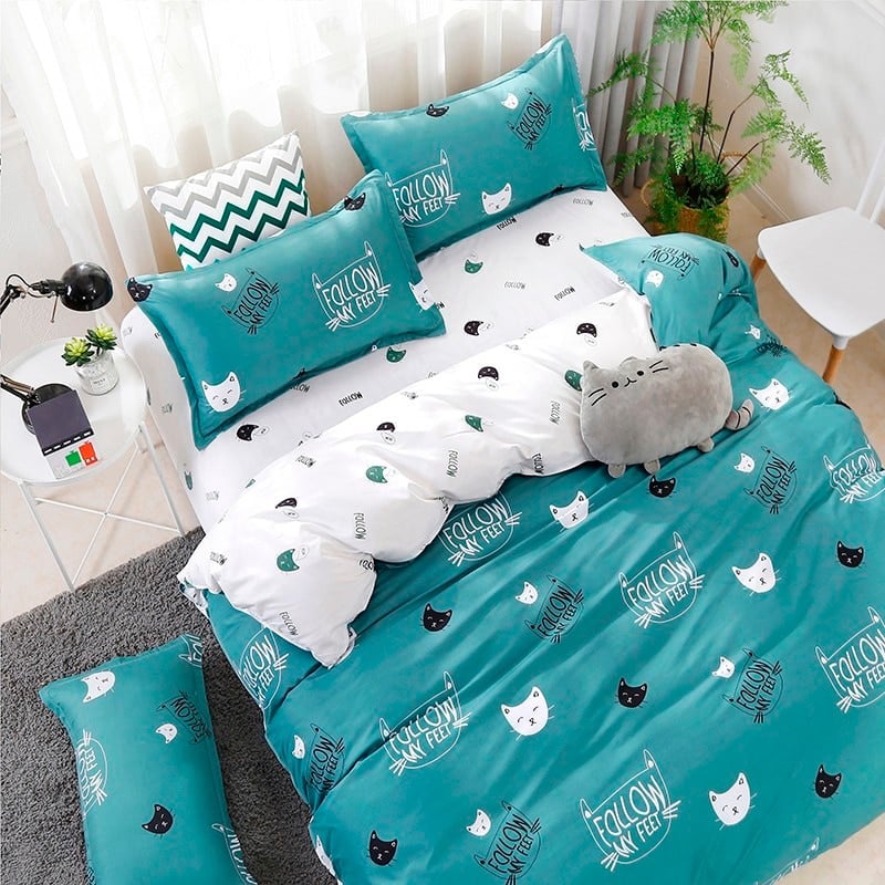 ensemble Parure de lit chat bleu canard