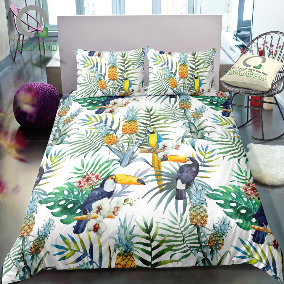 Parure de lit jungle blanc avec toucan et perroquet