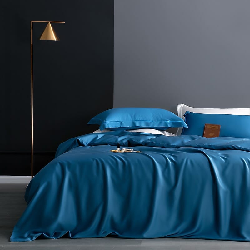 Parure de lit 100% soie bleu style chic moderne