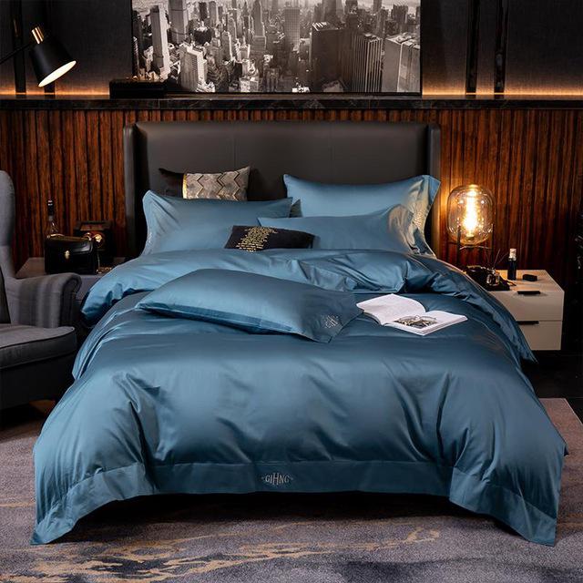Parure de lit luxe bleu nuit canard en pur coton Égyptien