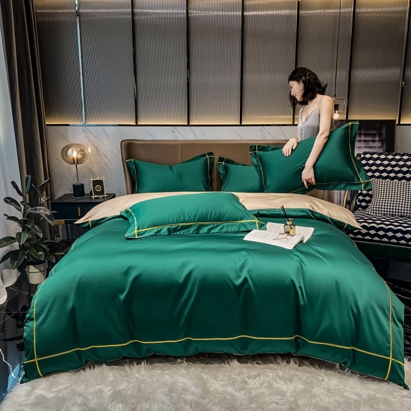 Parure de lit de luxe vert émeraude et ligne dorée en pur coton Égyptien
