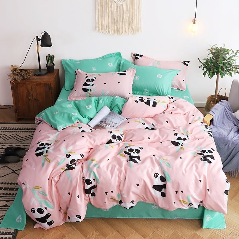 Parure de lit panda rose et vert