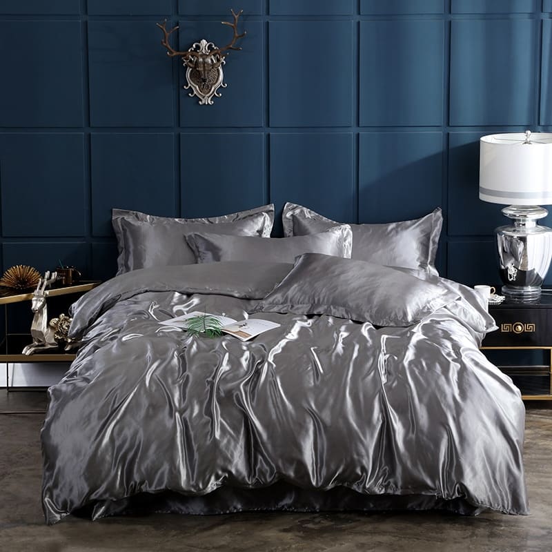 Housse de couette satin gris argenté