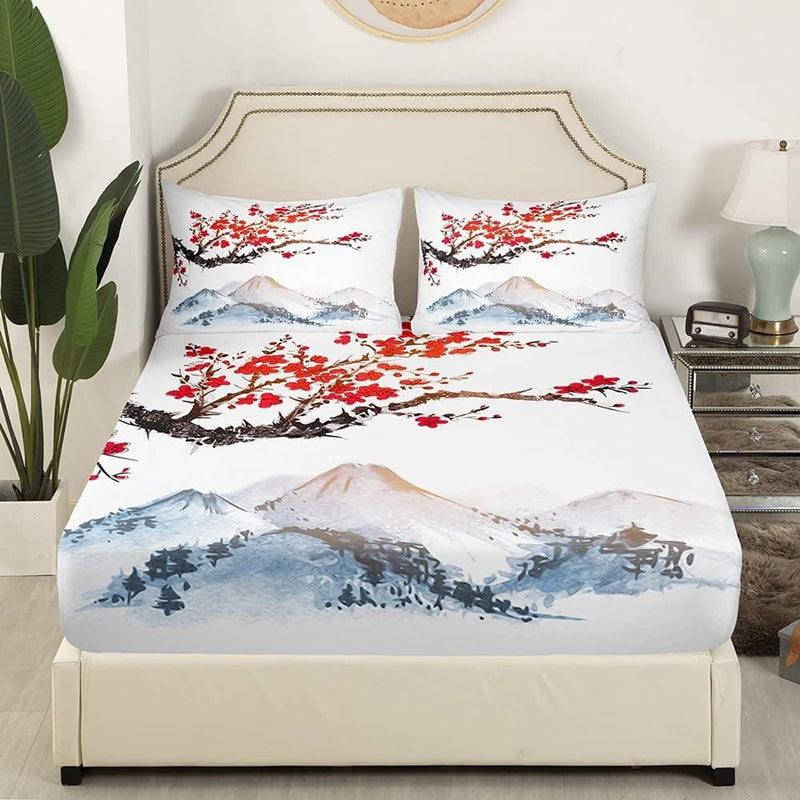 Parure de lit cerisier japonaise sur fond de montagne blanc zen