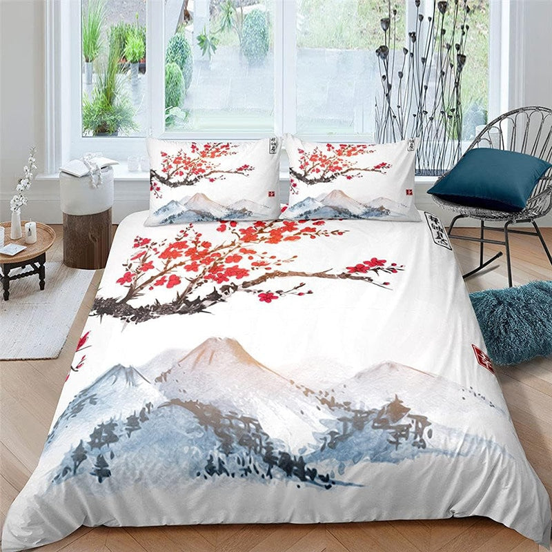 Parure de lit cerisier japonaise sur fond de montagne blanc