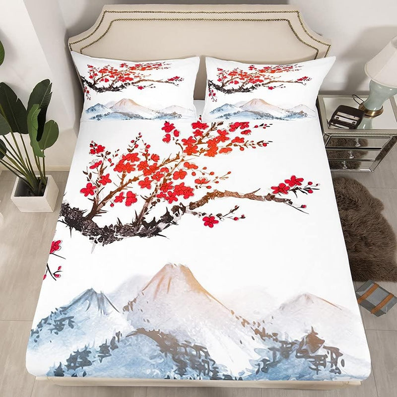 Parure de lit cerisier japonaise sur fond de montagne blanc dessus