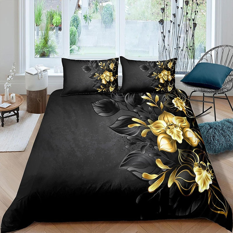 Parure de lit fleurie noir à fleur dorée finition moderne