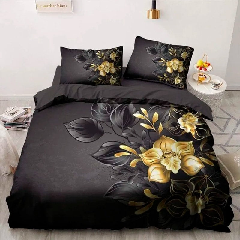 Parure de lit fleurie noir à fleur dorée orchidée