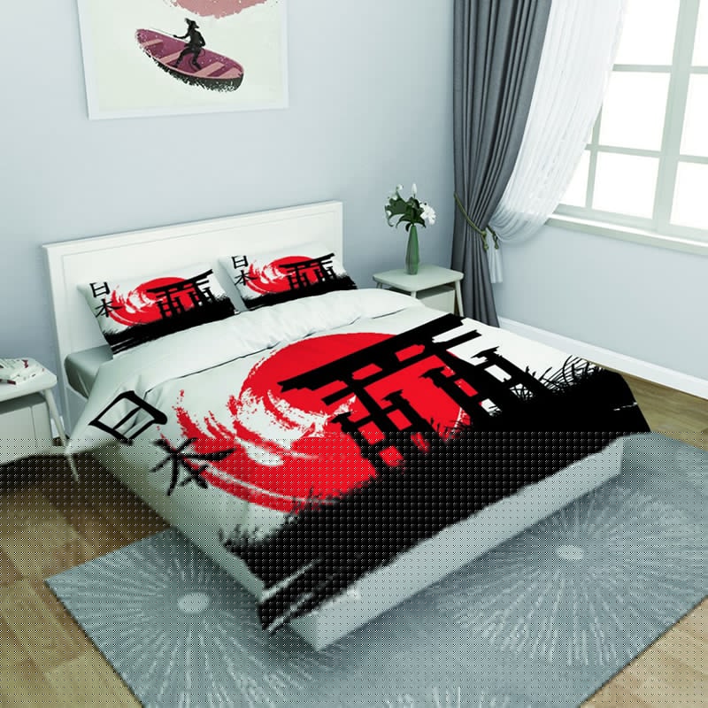 Parure de lit japonaise à symbole du Japon rouge et noir