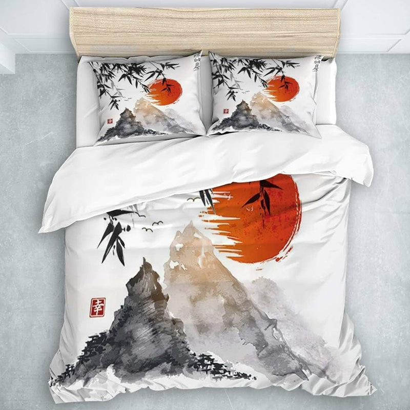 Parure de lit japonaise blanc à soleil couchant entre montagnes vue de dessus