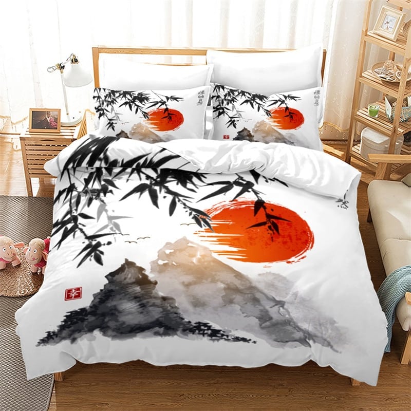 Parure de lit japonaise blanc à soleil couchant entre montagnes