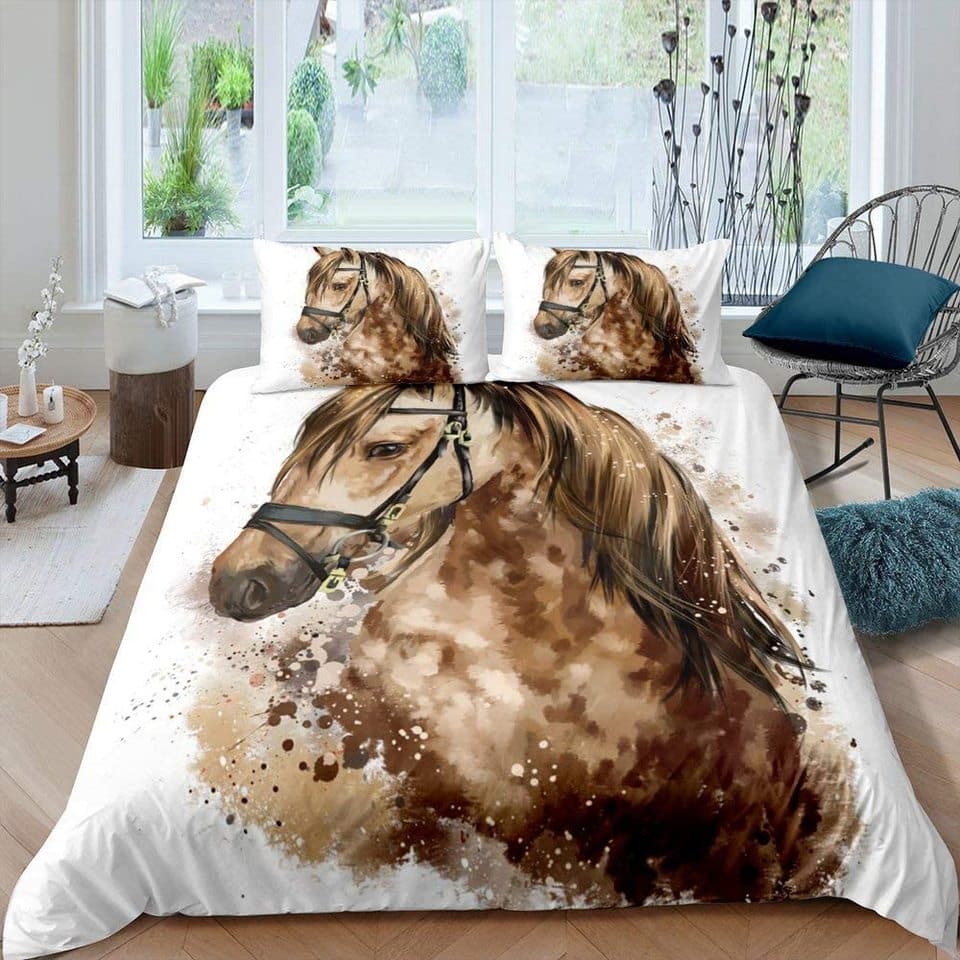 Parure de lit cheval marron sur fond blanc