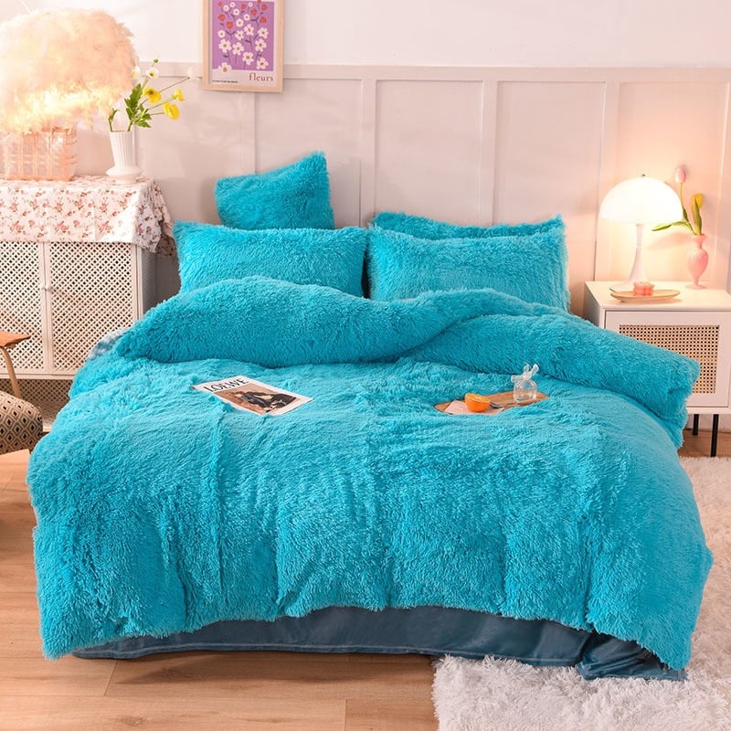 Housse de couette velours bleu canard