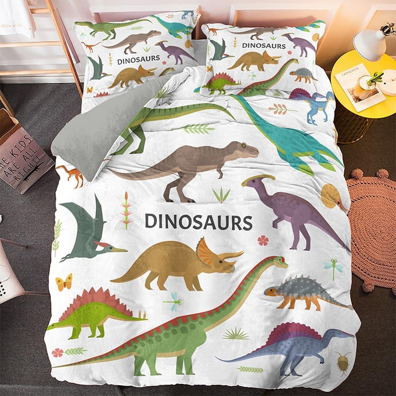Parure de lit blanc avec plusieurs dinosaures
