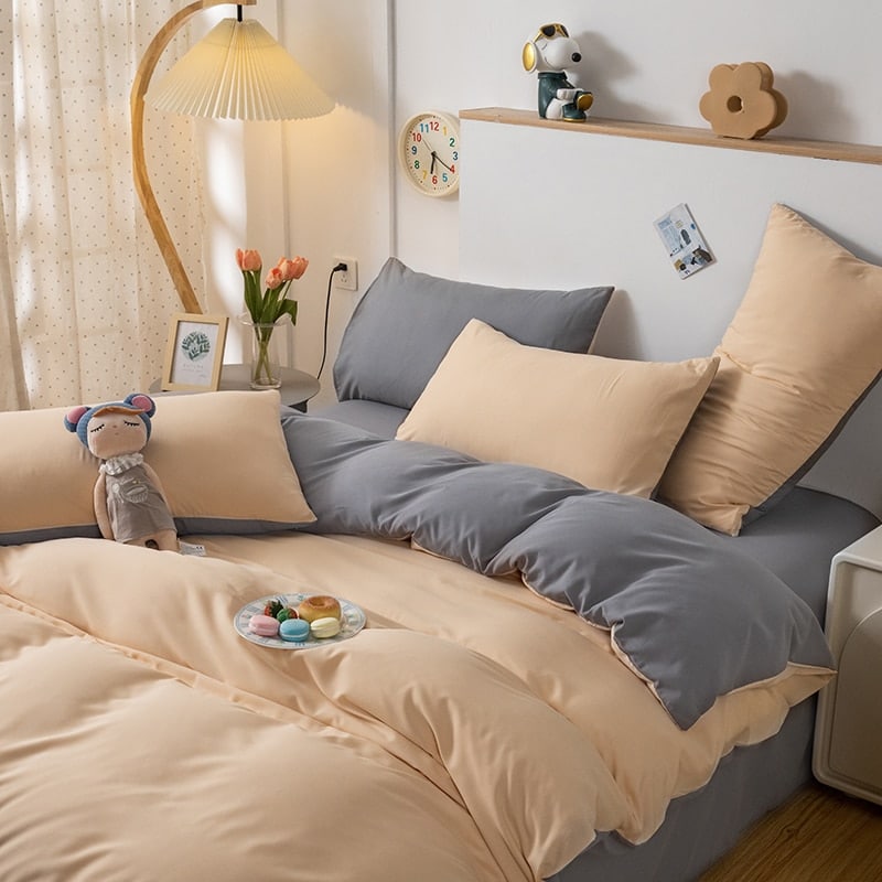 Parure de lit beige et gris réversible