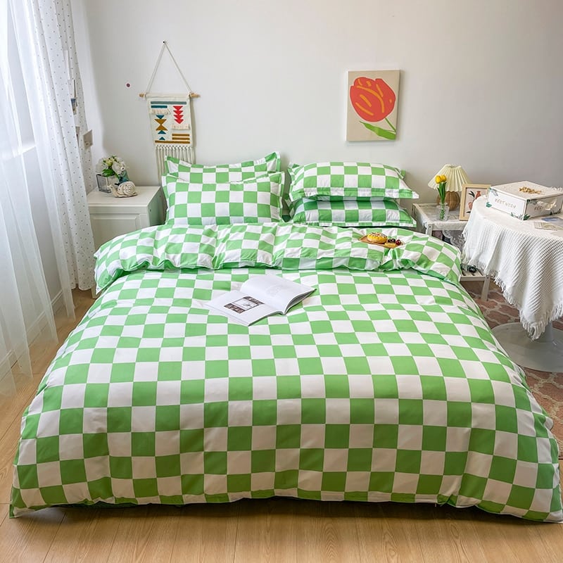 Parure de lit à carreaux vert et blanc