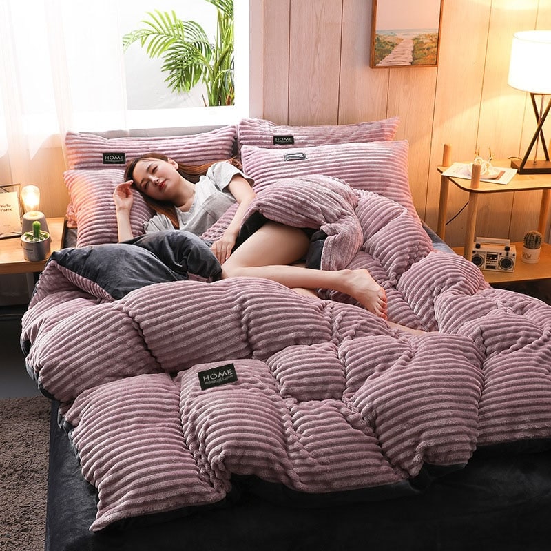 Housse de couette flanelle rose et gris