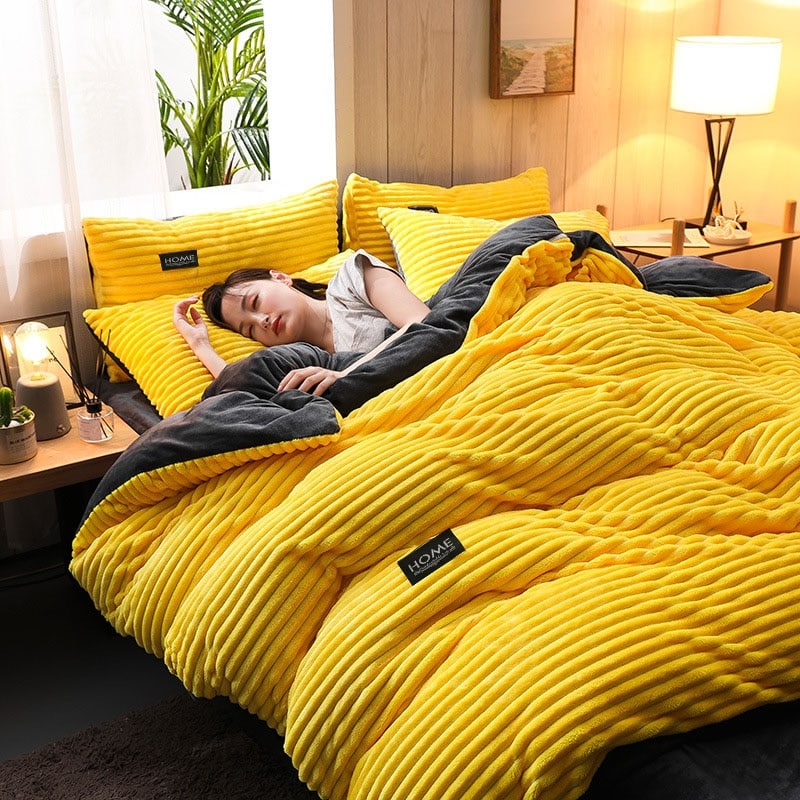 Parure de lit flanelle jaune et intérieur gris douce et chaude