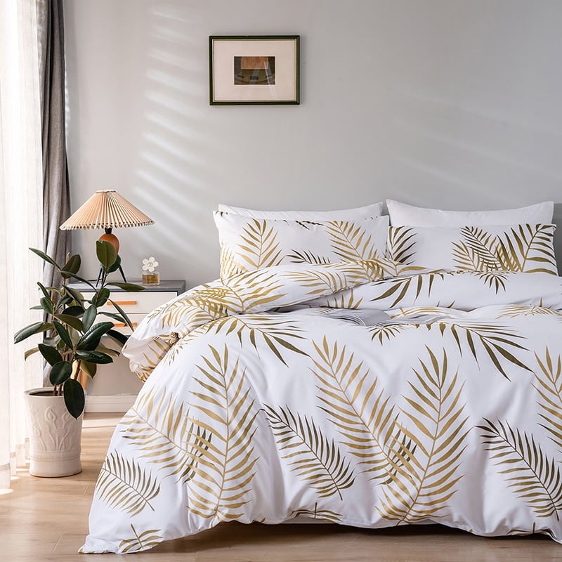 Parure de lit blanc style moderne à palme doré