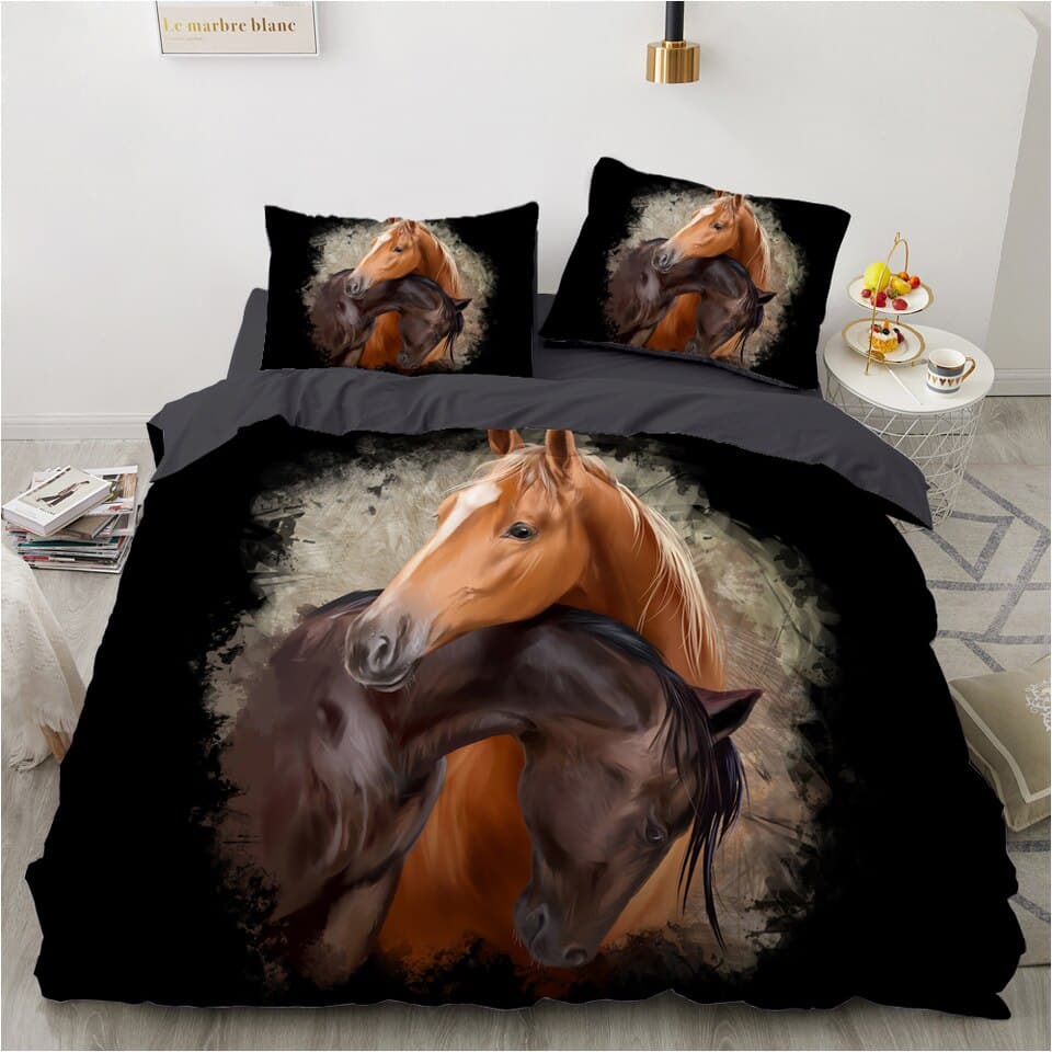 Parure de lit cheval s'entrelaçant fond noir