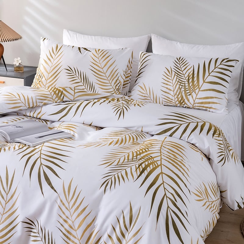 zoom de la parure de lit blanc style moderne à palme doré