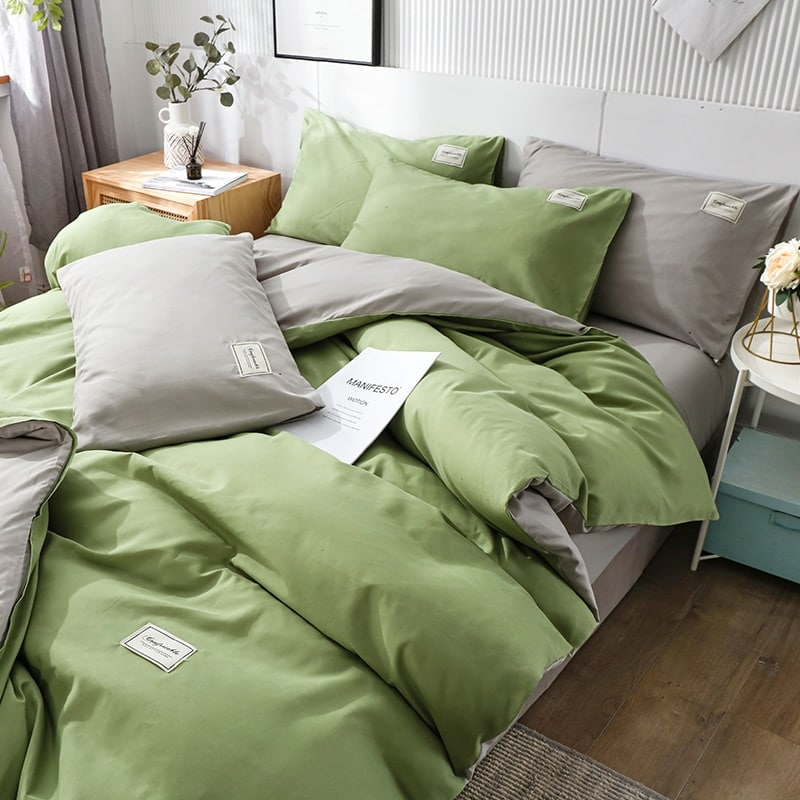 Parure de lit vert kaki et gris réversible