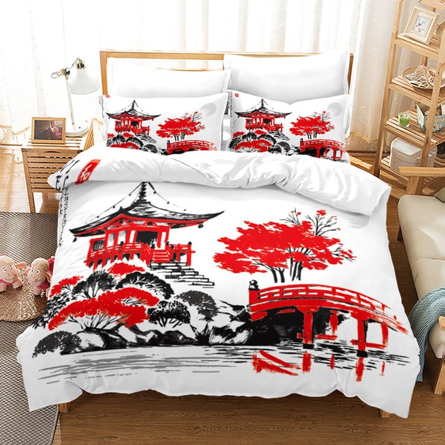 Parure de lit jardin japonais rouge