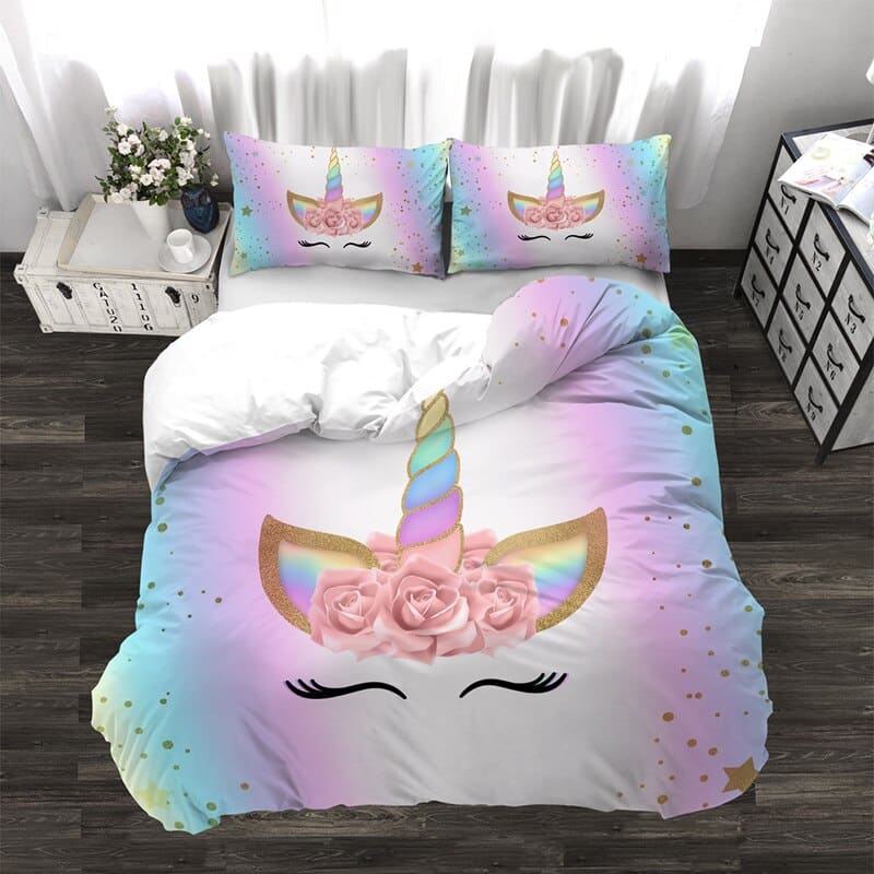 Parure de lit licorne arc-en-ciel rose