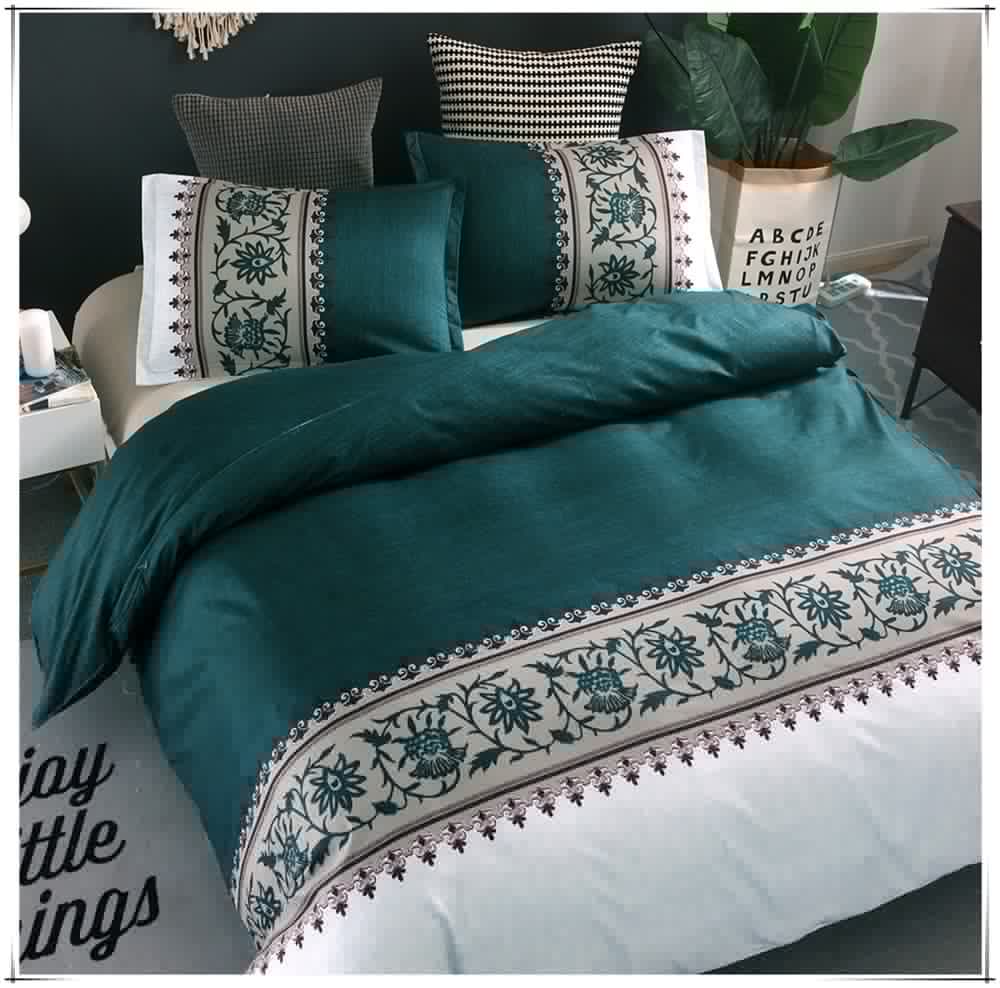 vue d'angle de la Parure de lit vert bleu canard style orientale chic